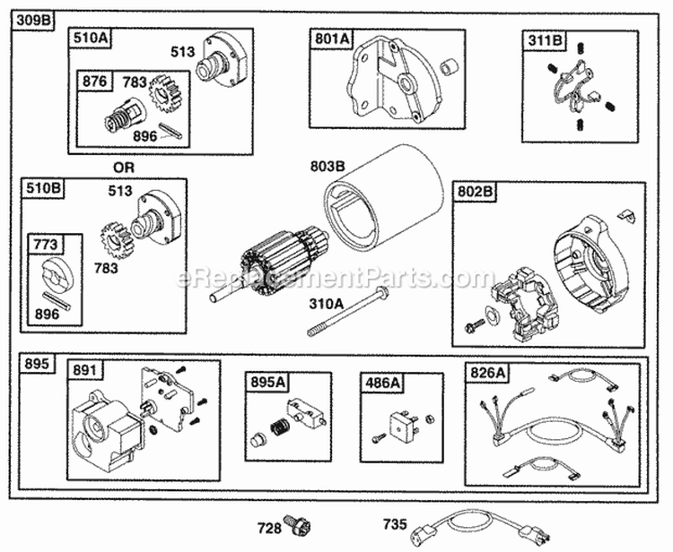 Electric Starter  Switch Diagram and Parts List for  Briggs and Stratton Engine